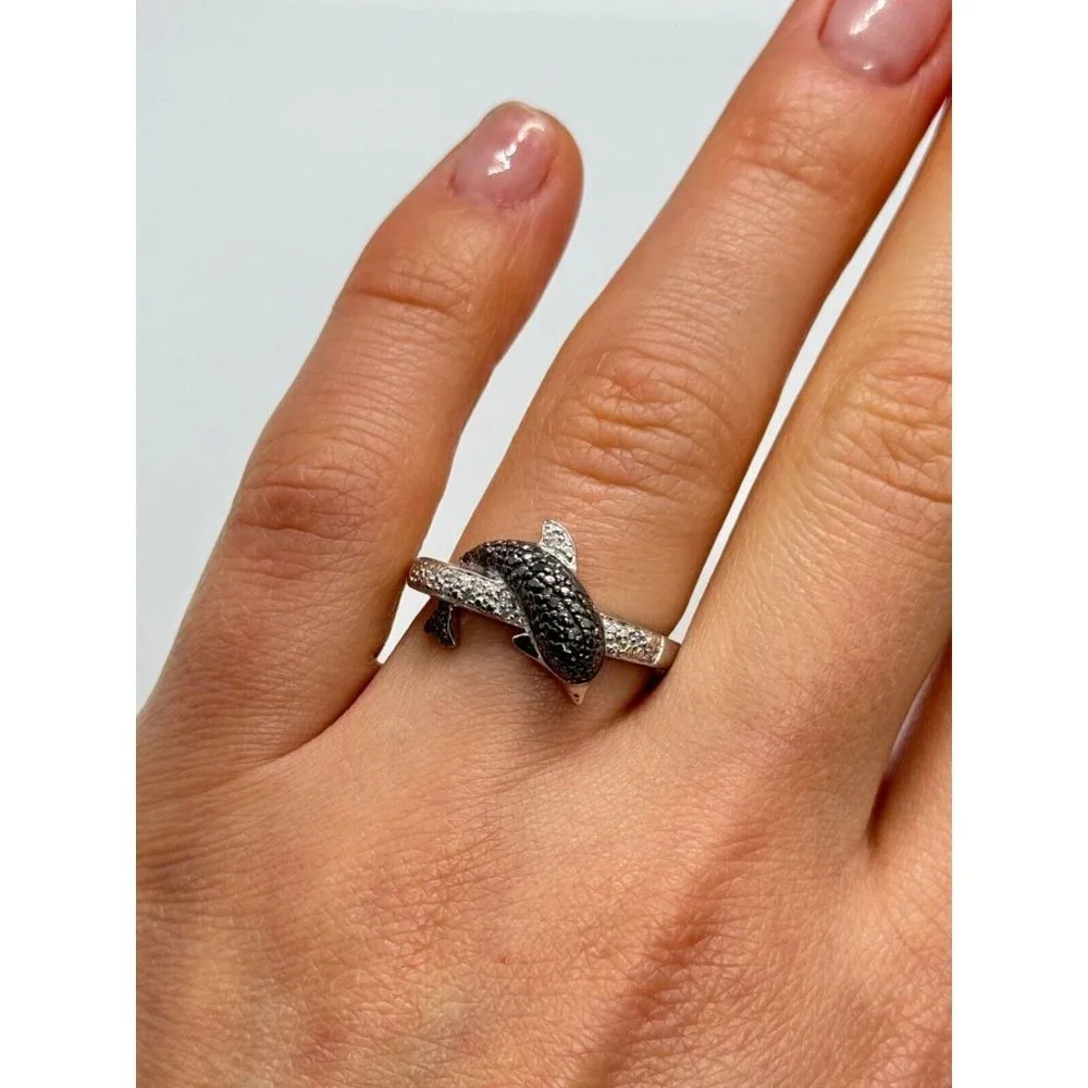 925 STERLING SILVER MARCASITE & CZ DOLPHIN RING SIZE 6